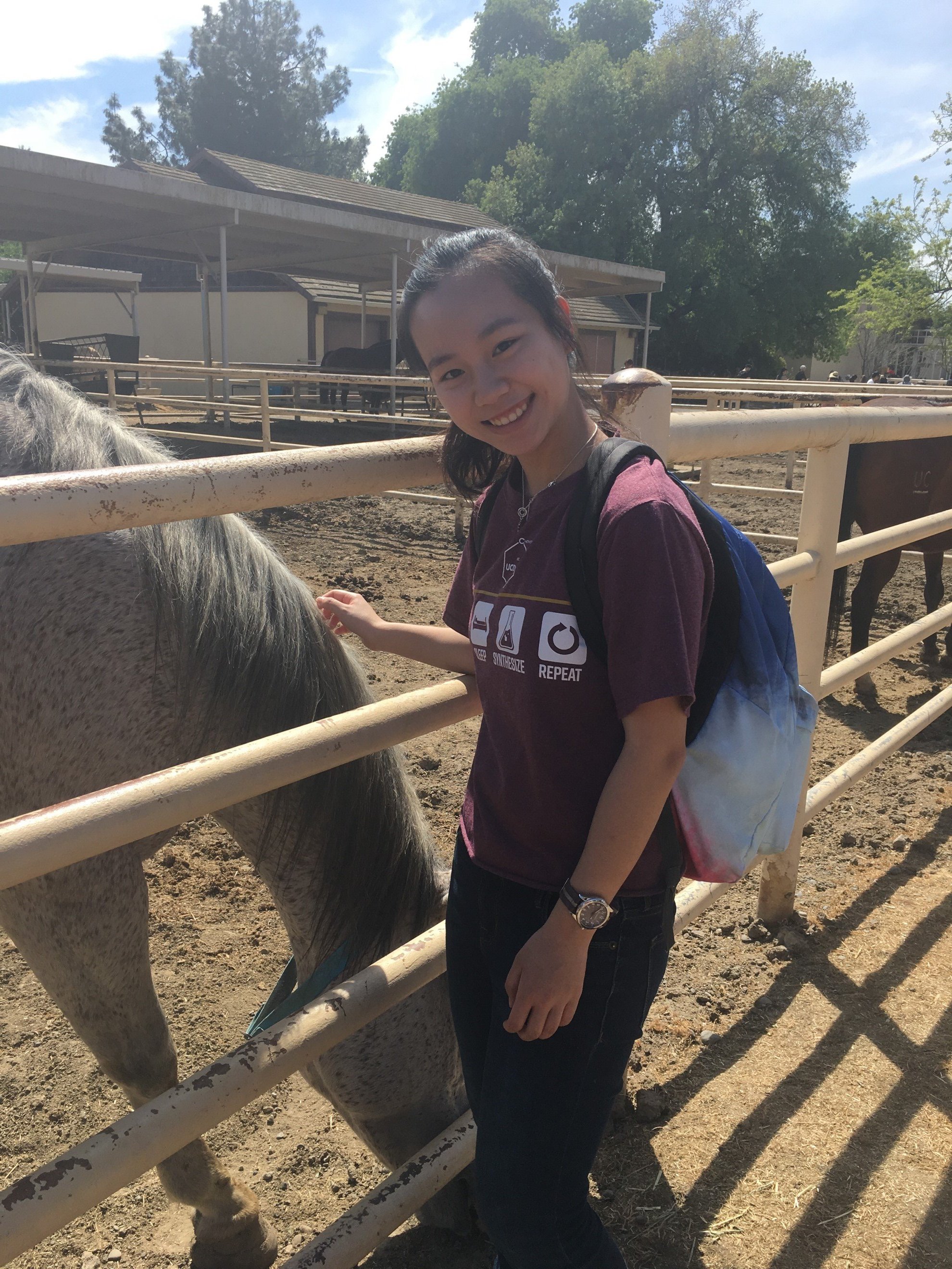 A young asian woman with dark hair pulled back into a ponytail wears a maroon t shirt with white writing, black jeans, and a blue backpack, and pets a horse while smiling at the camera.